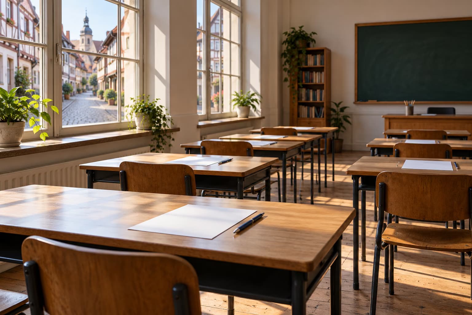 Tuščia klasė su medinėmis mokyklinėmis lentomis, tuščiais popieriaus lapais ir rašikliais, langai išeina į grįstą gatvę su fachverko namais.