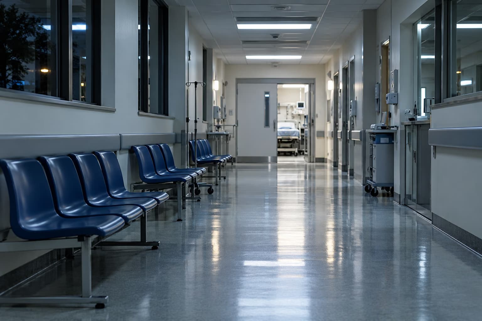 Tuščias ligoninės koridorius naktį su mėlynų laukimo kėdžių eilėmis palei sieną ir atviromis durimis į procedūrų kabinetą gale.