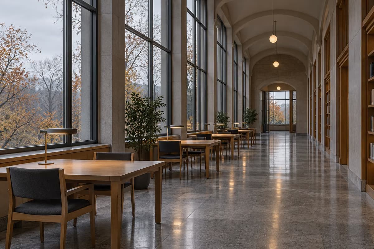 Tuščias, tylus studijų koridorius su aukštais langais, mediniais stalais ir stalinėmis lempomis pilką rudens dieną.