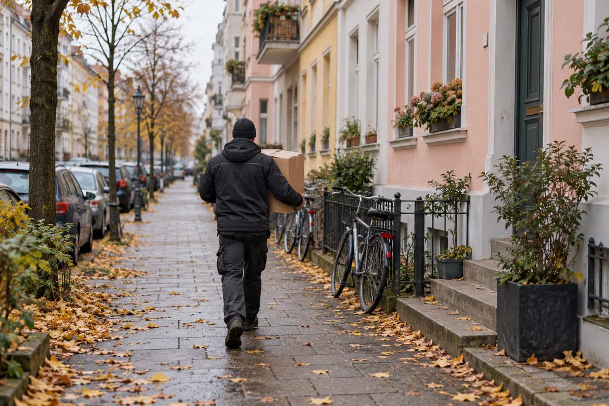 Iš nugaros matomas kurjeris neša kartoninę dėžę šaligatviu tarp pastelinių spalvų daugiabučių, dviračių ir rudens lapų.