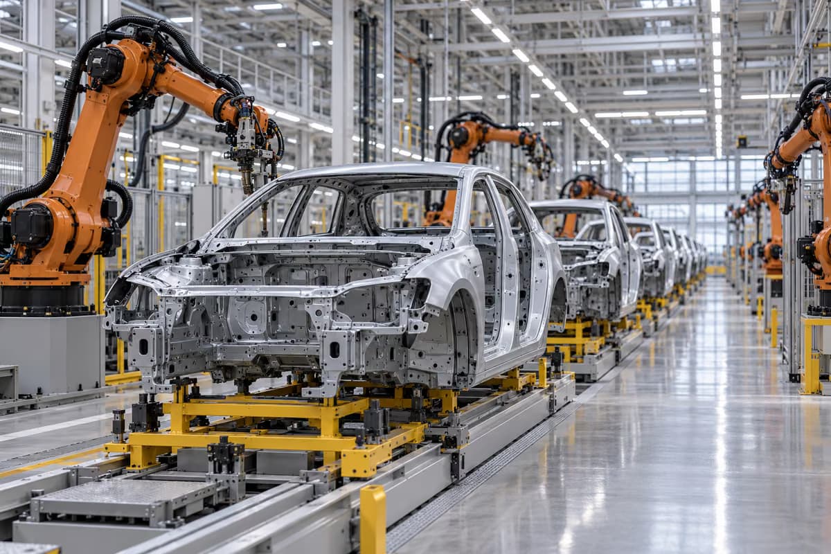 Nedažyti automobilių kėbulai stovi eilėje surinkimo linijoje tarp oranžinių robotų rankų šviesiame gamyklos ceche.