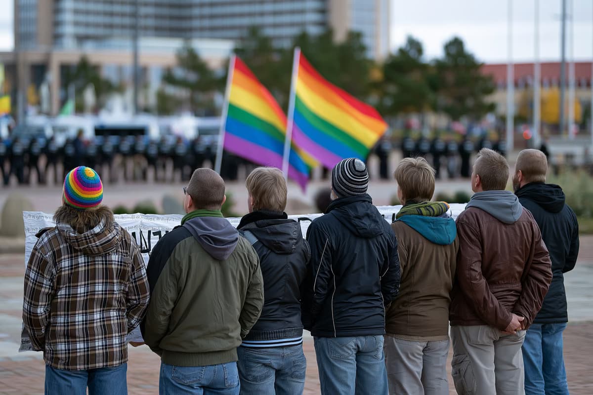 Kontrdemonstracijos dalyviai, laikantys transparantus ir vaivorykštės vėliavas Magdeburgo aikštėje, o fone neryški policijos linija.