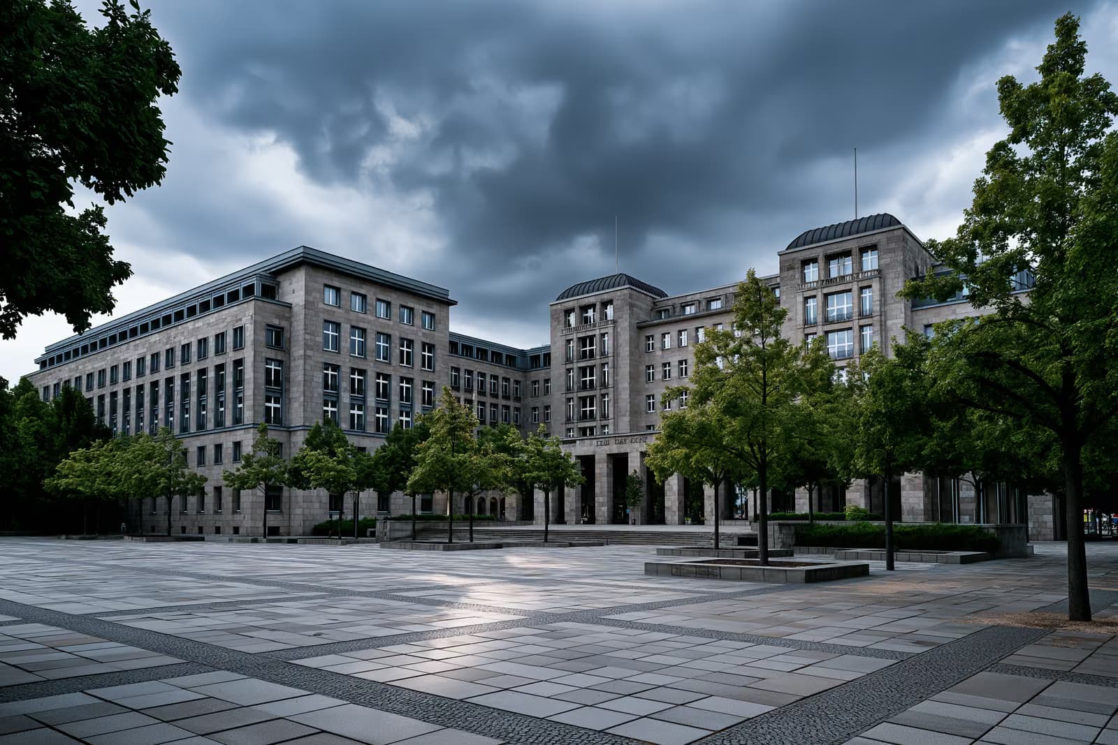Vokietijos federalinio parlamento pastatas, matomas už tuščios aikštės po sunkiu dangumi.