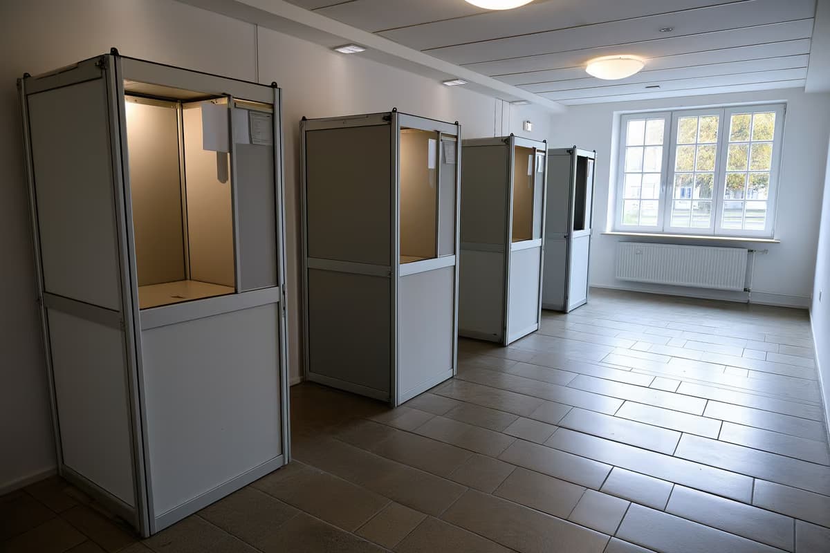 Tuščia balsavimo kabina paprastoje vokiečių bendruomenės salėje, naudojamoje rinkimams.