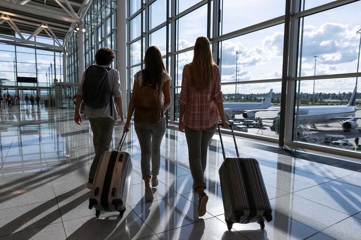 Keliautojai eina per šviesų modernų oro uosto terminalą su dideliais langais.