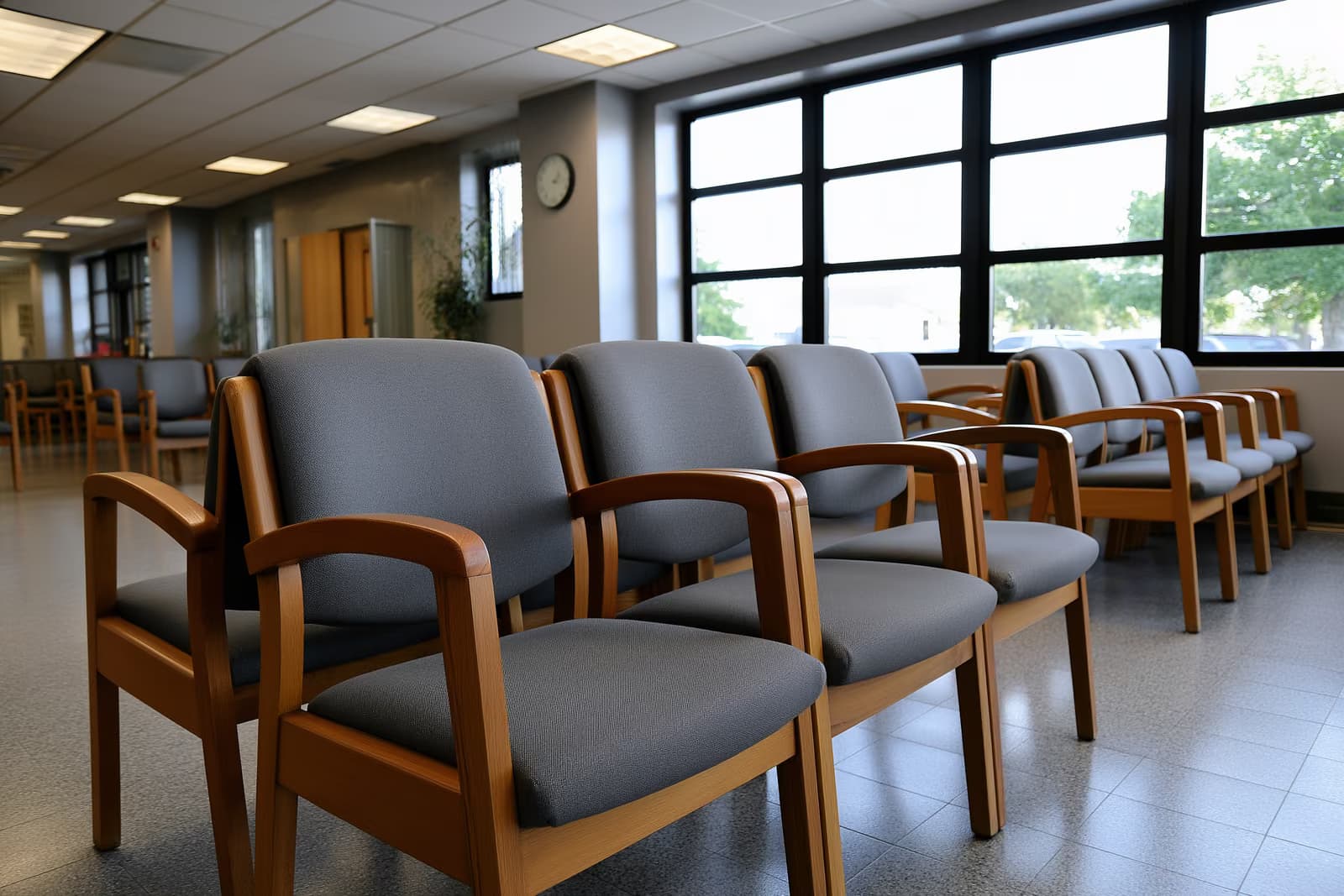 Tyli vyriausybinės įstaigos laukimo salė su tuščių kėdžių eilėmis neutralioje dienos šviesoje.