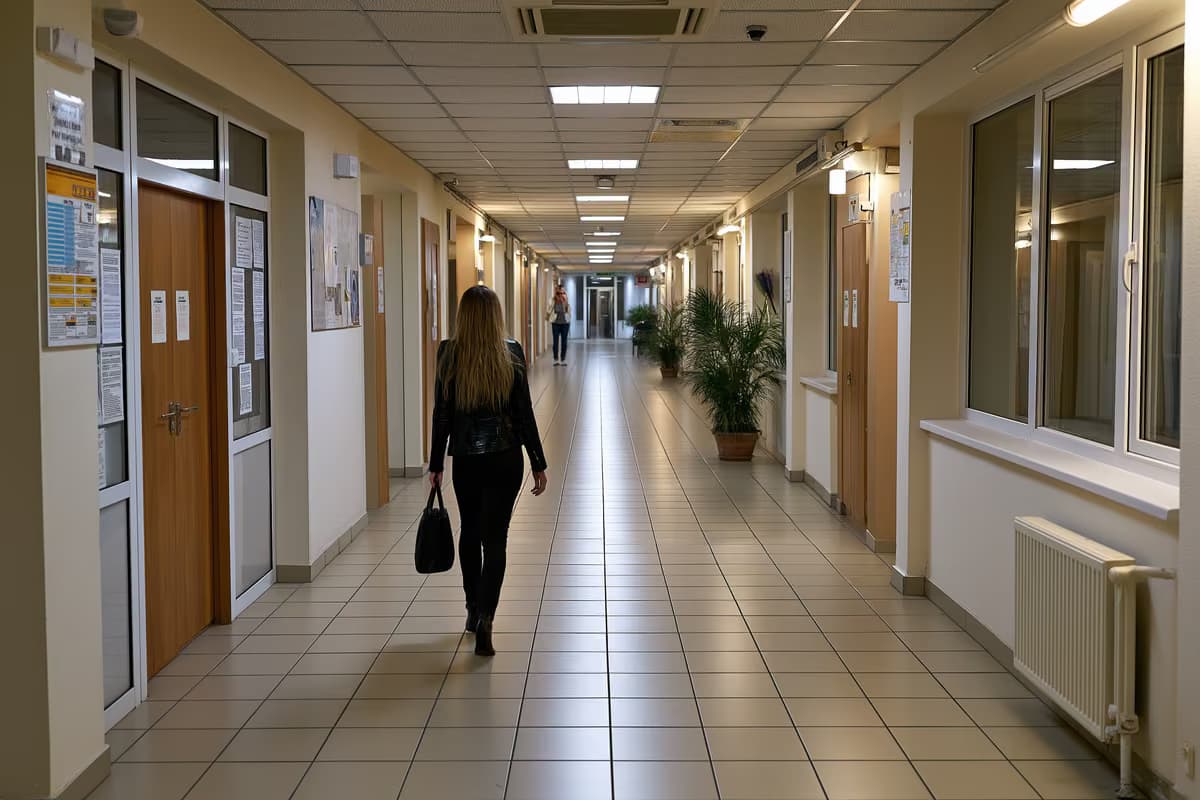 Vienas žmogus su krepšiu eina viešojo administravimo pastato koridoriumi.