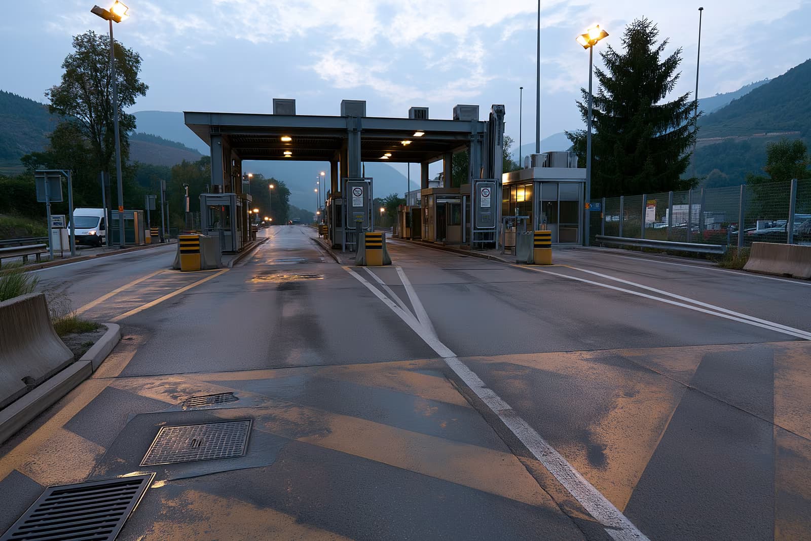 Tylus greitkelio perėjimo punktas Vokietijos ir Austrijos pasienyje su eismo juostų žymekliu ir tuščia patikros būdele auštant.