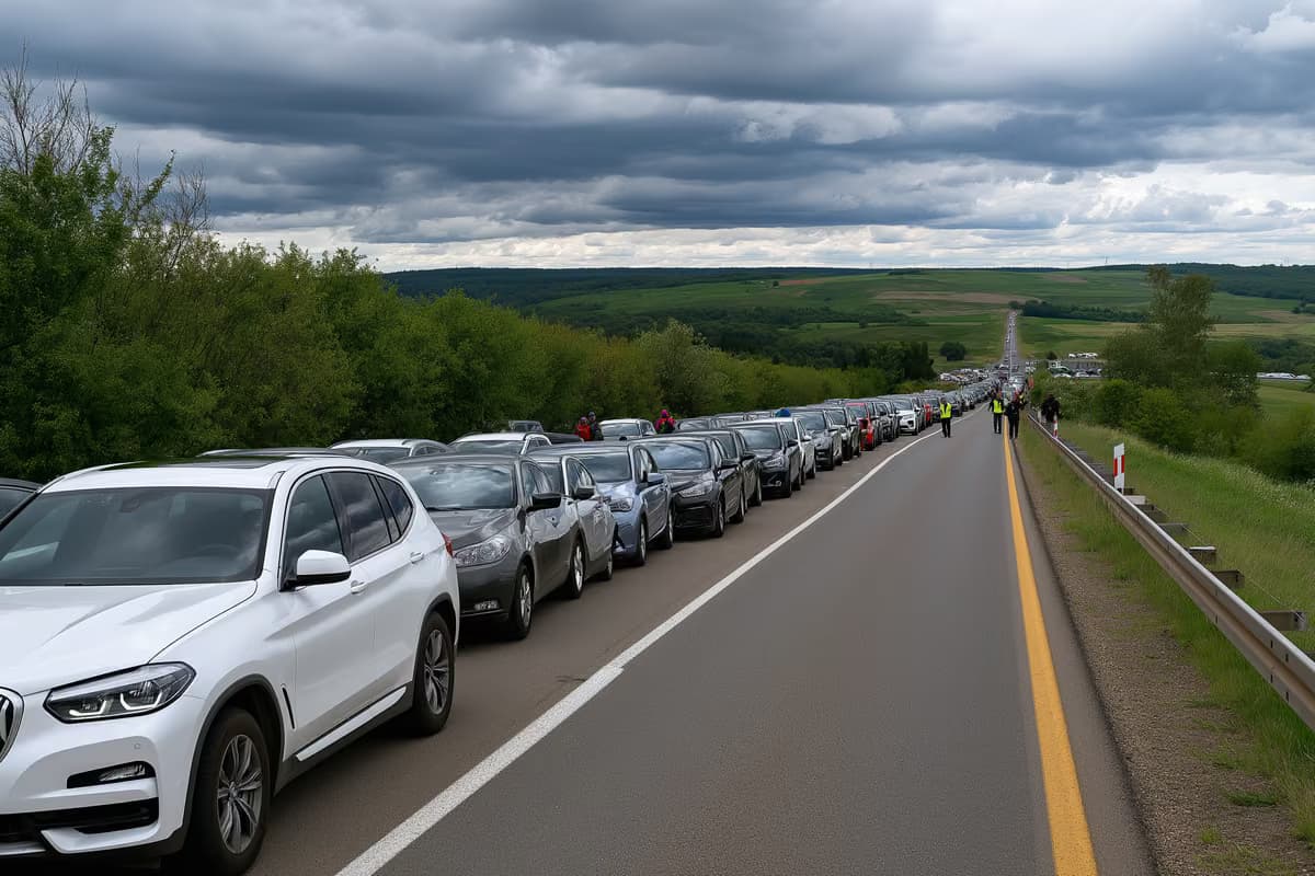 Apsiniaukusiu dangumi automobiliai lėtai rikiuojasi pro laikiną kontrolės punktą kaimo kelyje netoli Bavarijos sienos.
