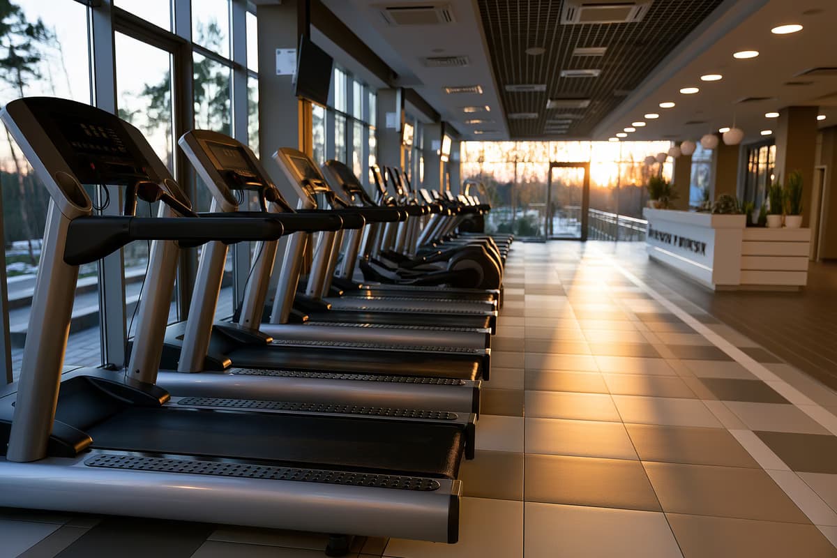 Tuščių bėgimo takelių eilės moderniame sporto klube sutemus, fone neryškus narystės stalas