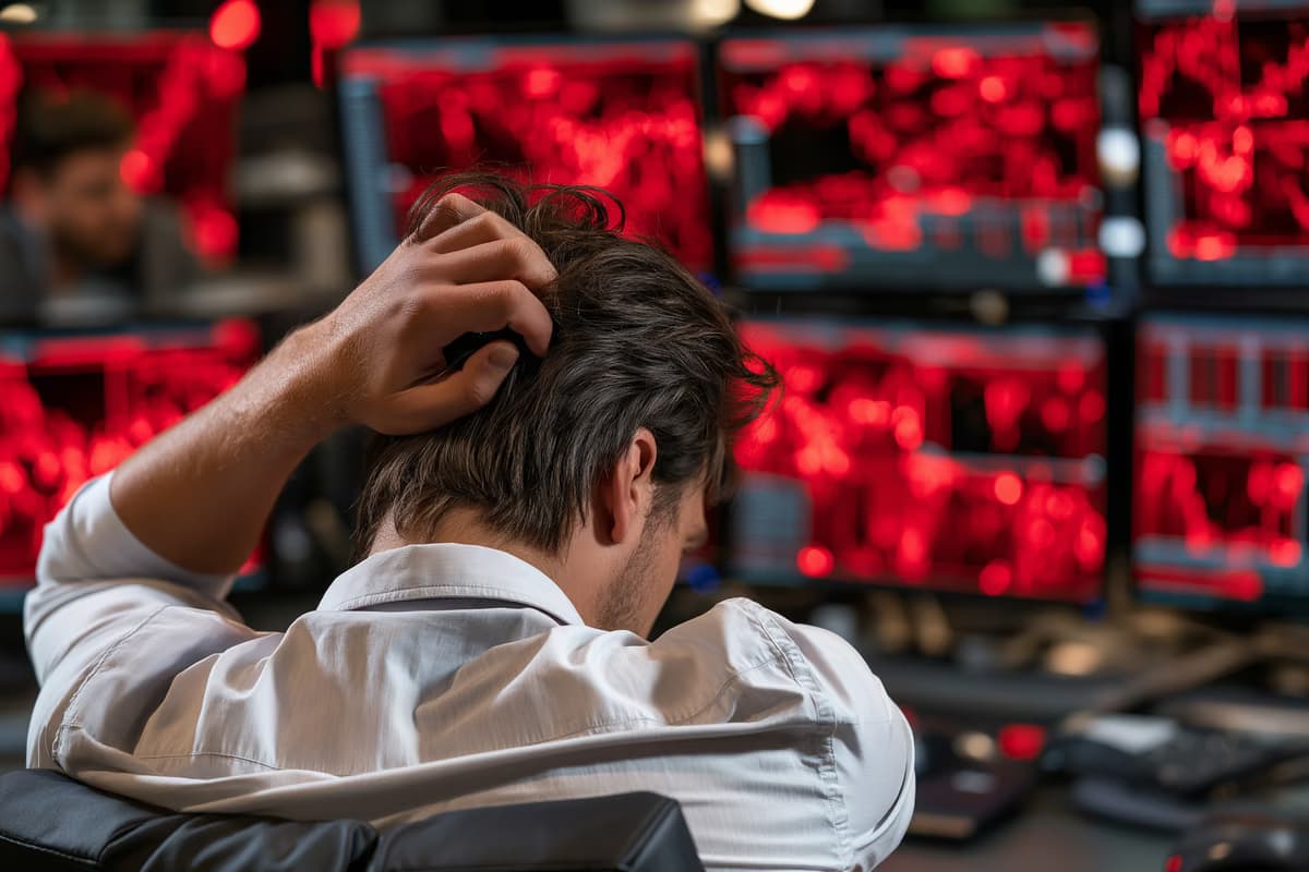 Privatus investuotojas Vokietijoje peržiūri ETF taupymo planą nešiojamajame kompiuteryje, o rinkos diagramos rodo krintančias kainas.