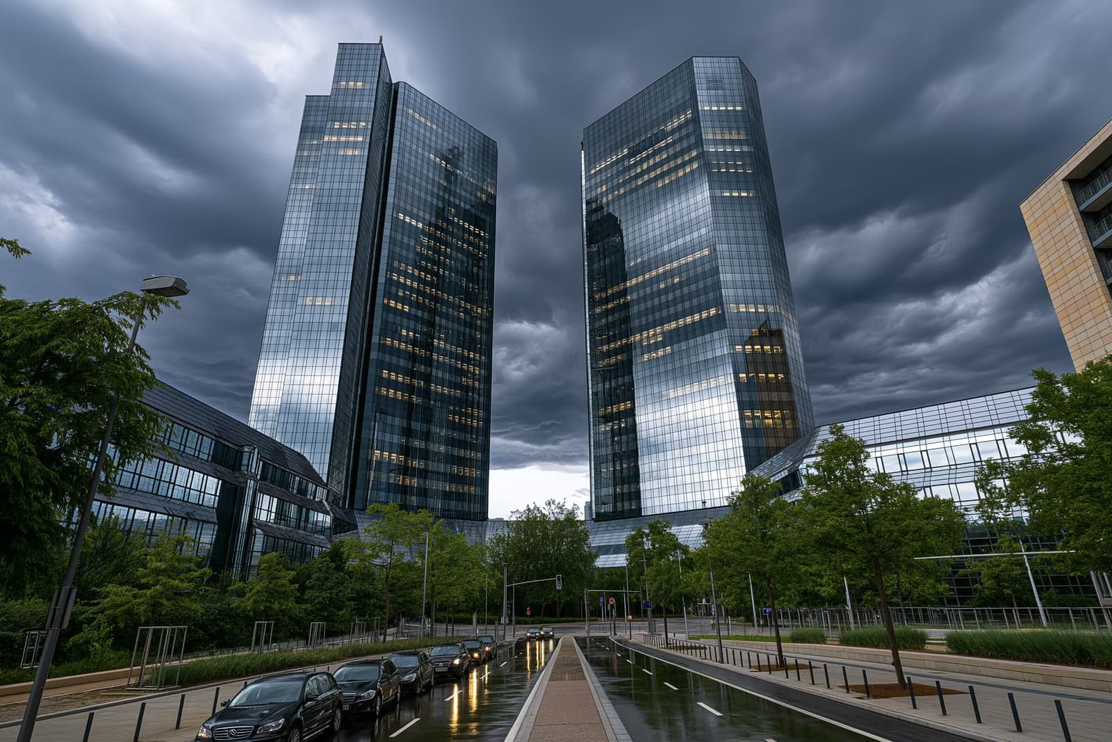 Frankfurto banko būstinės dvigubi stikliniai bokštai po reido „Deutsche Bank“ objekte temsta tamsiuose debesyse.