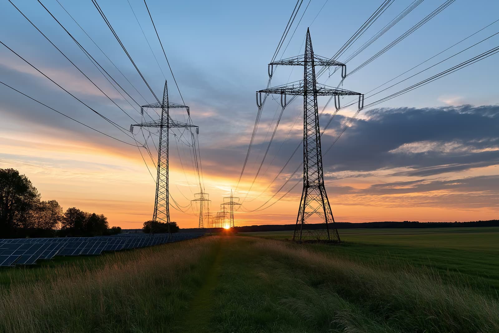 Aukštos įtampos elektros stulpų eilė, kertanti atvirą kaimą.