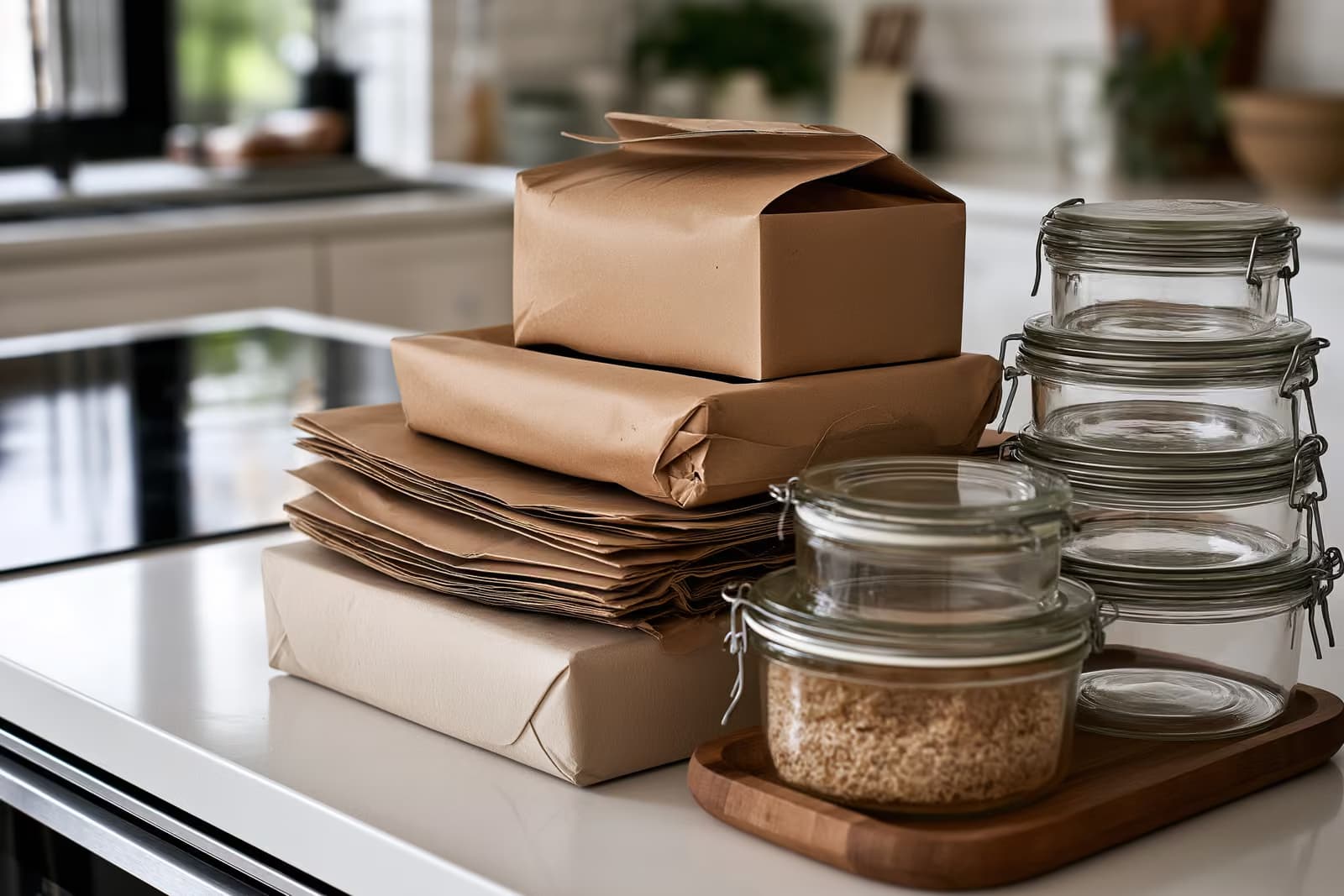 Prekybos centro lentyna su maistu, suvyniotu į popierių ir plastiką, Vokietijos maisto prekių parduotuvėje.