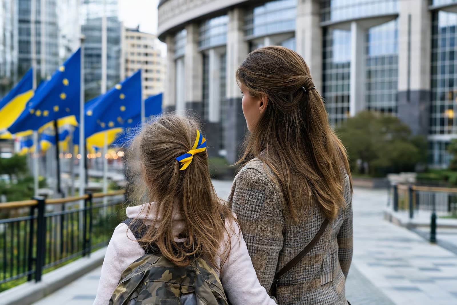 Ukrainiečių motina ir dukra žiūri į ES vėliavas prie Europos institucijų pastato, pratęsus laikinąją apsaugą Ukrainoje.