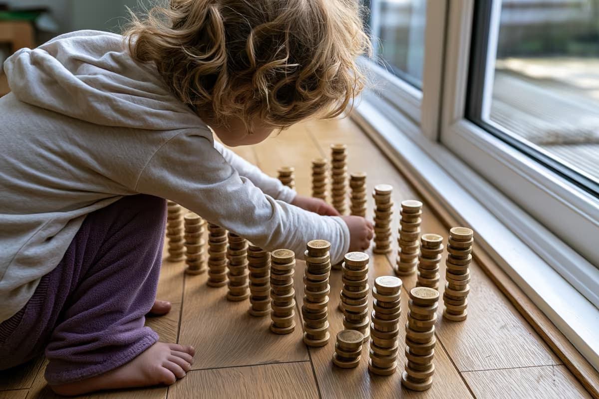 Kiaulė taupyklė šalia nedidelės krūvelės euro monetų ant medinio stalo