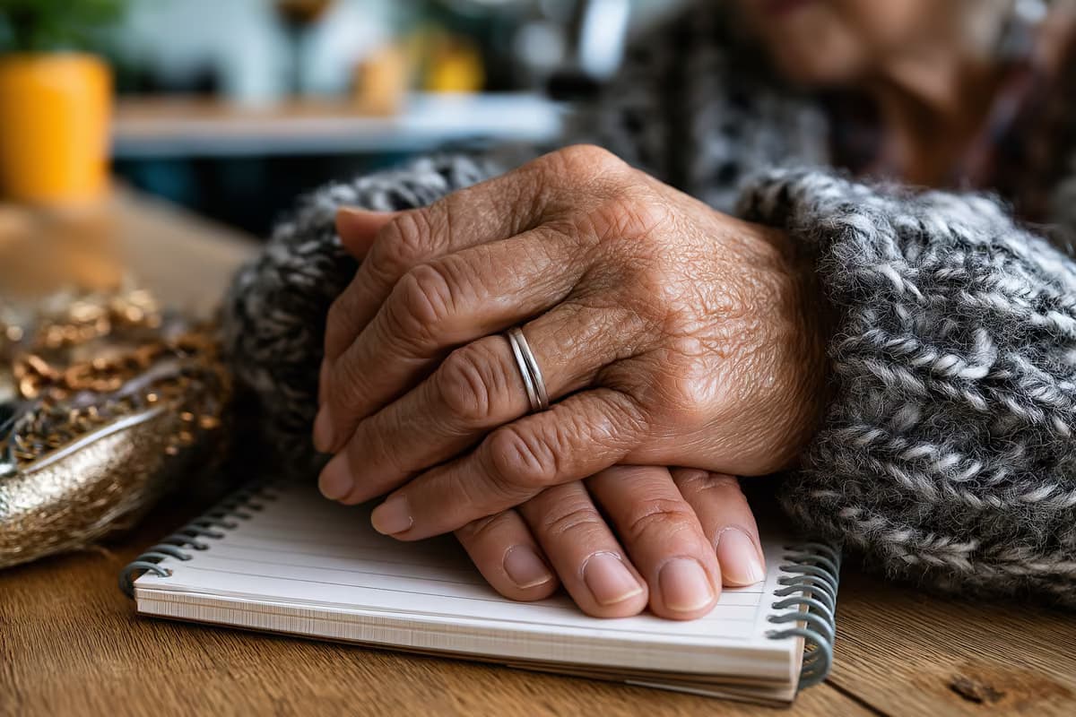 Senesnės rankos guli ant namų ūkio biudžeto sąsiuvinio ir mažos rankinės ant virtuvės stalo.