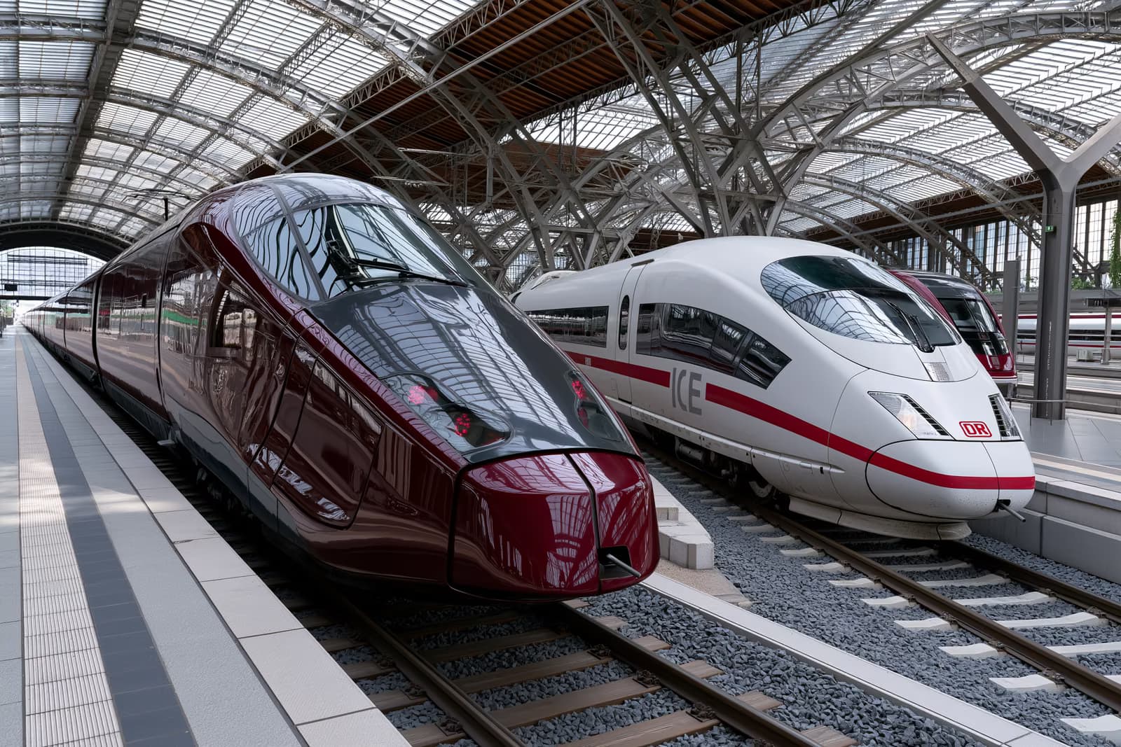 Tamsiai raudonas greitasis traukinys šalia balto ICE ant lygiagrečių bėgių Vokietijos stoties salėje, simbolizuojantis „Italo“ iššūkį „Deutsche Bahn“.