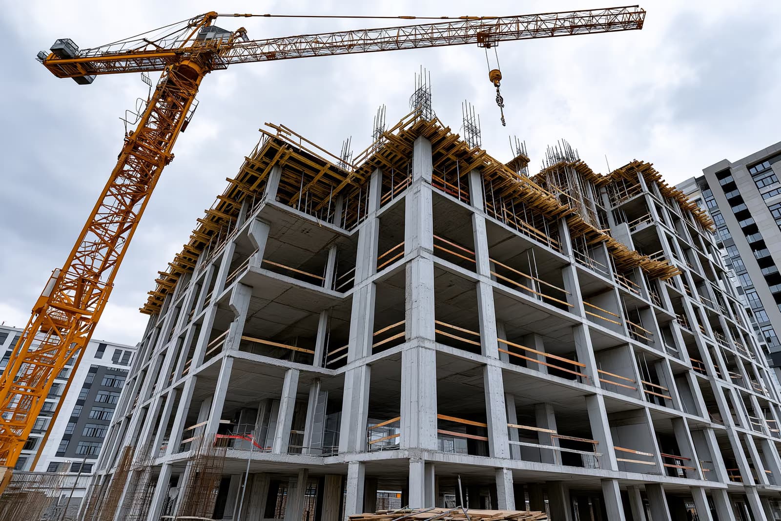 Nebaigtas betoninis pastato karkasas su tuščiomis langų angomis po rūdijančiu kranu - Krankenkassen fondo nuostolių dėl nepavykusių nekilnojamojo turto sandorių vaizdas.