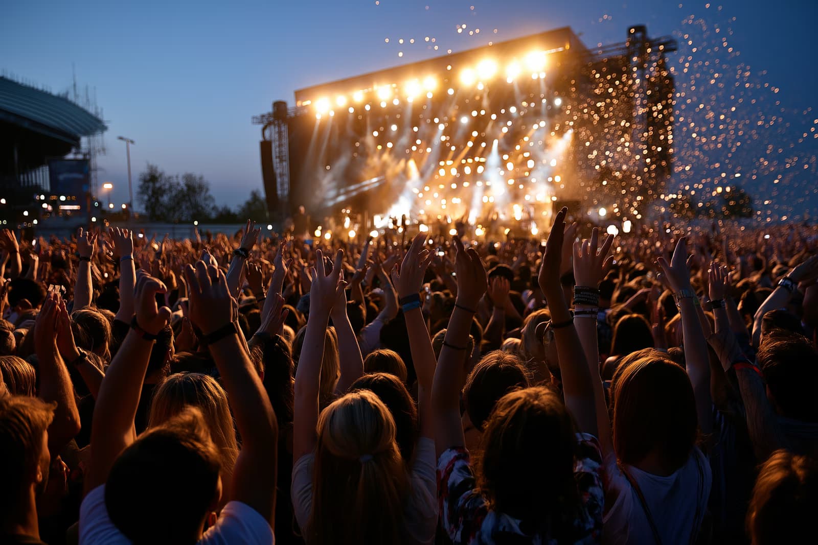 Didžiulė festivalio minia, pakėlusi rankas, priešais šviečiančią pagrindinę sceną „Lollapalooza Berlin“ festivalyje Olimpijos parke naktį.