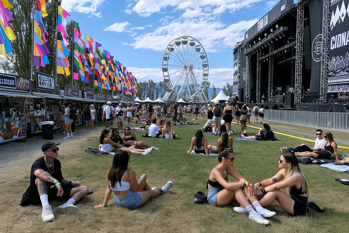 „Lollapalooza Berlin“ festivalio aikštė dieną su spalvingomis vėliavomis, maisto prekystaliais ir lankytojais, besiilsinčiais ant žolės.
