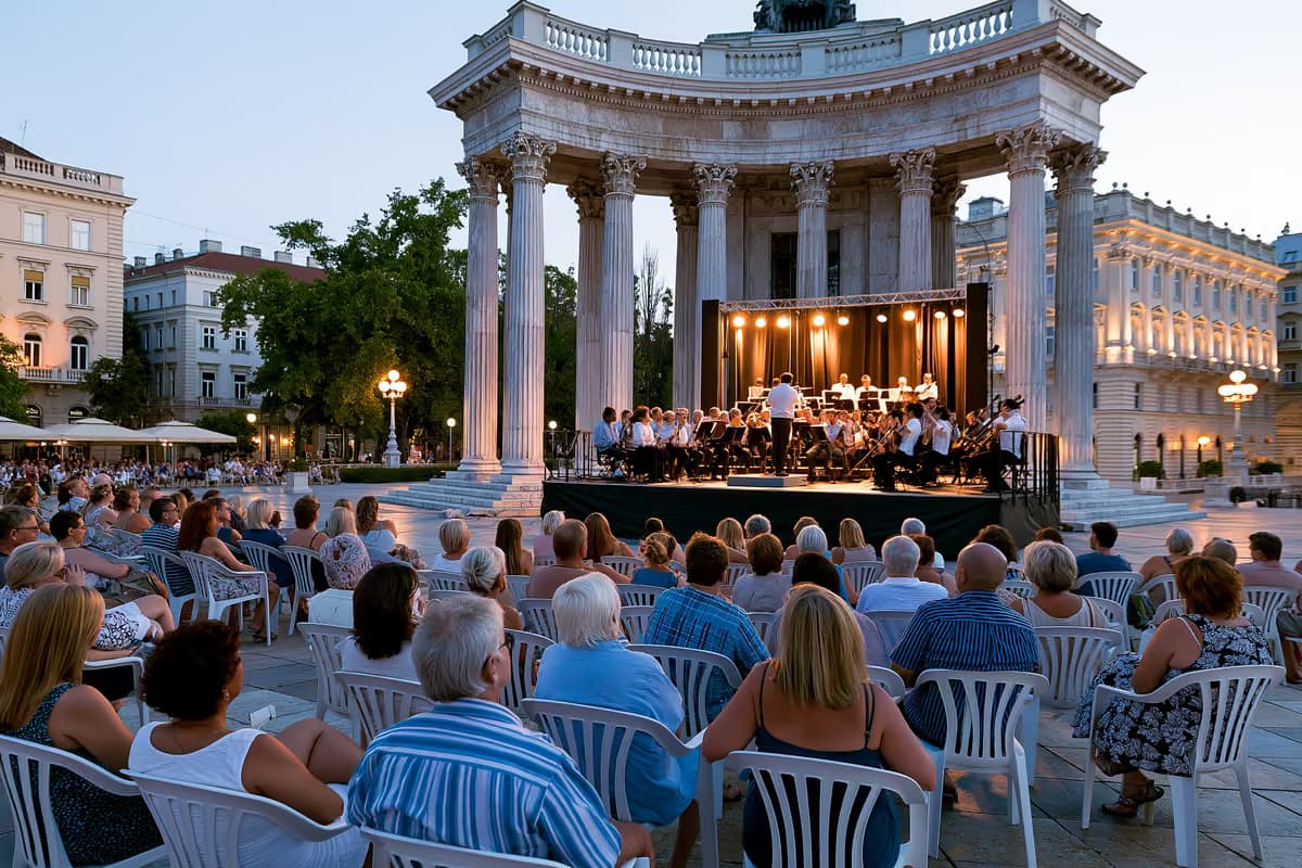 Klasikinės muzikos koncertas po atviru dangumi istorinėje Miuncheno aikštėje sutemus.
