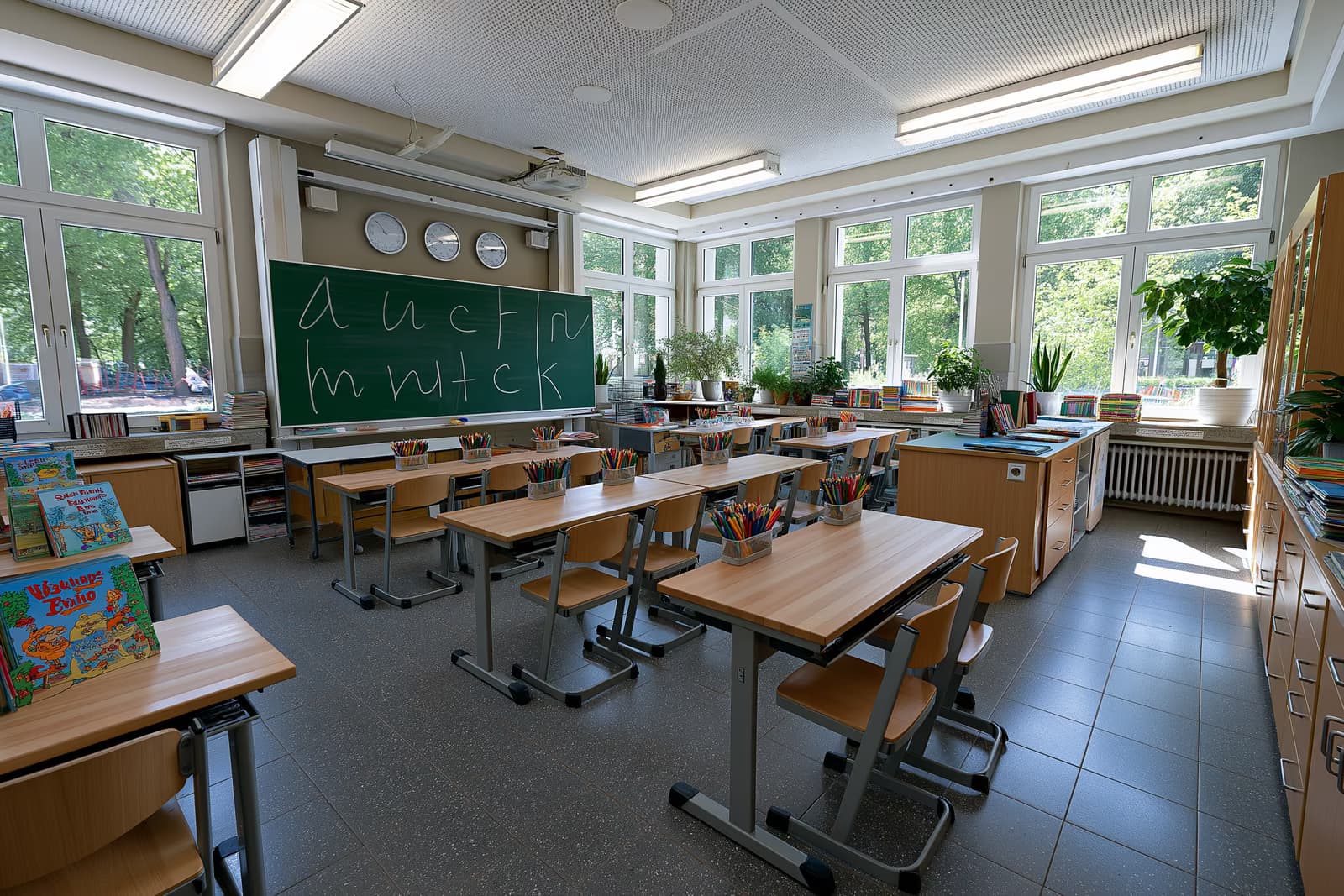 Ryški pradinės mokyklos klasė su raidžių formomis ant žalios kreidinės lentos, paruošta naujoms ABC kalbos pamokoms Šiaurės Reino-Vestfalijoje.