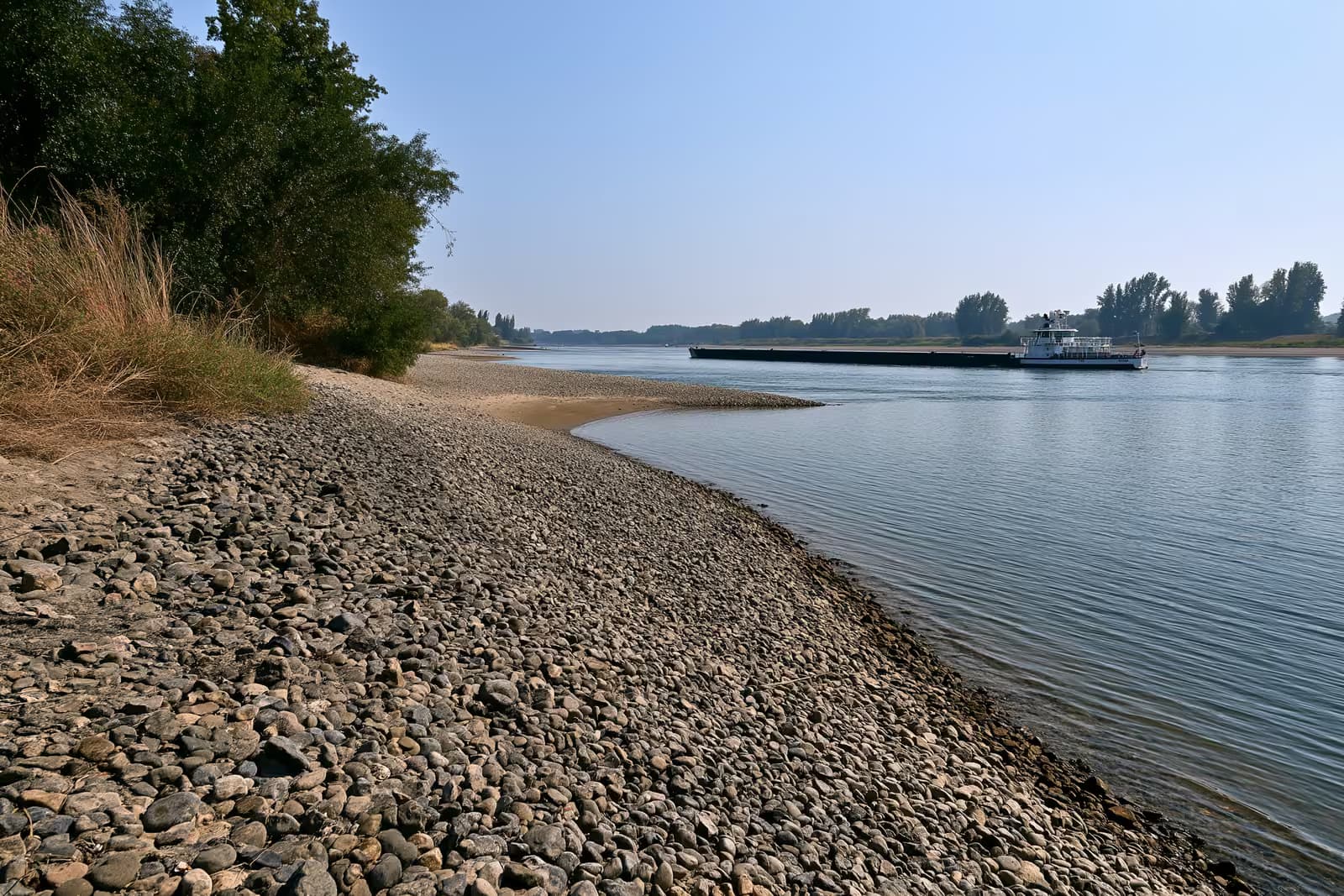 Krovininė barža, žemai stovinti ir lengvai pakrauta, susitraukusioje Reino upėje su atvirais smėlio seklumomis.