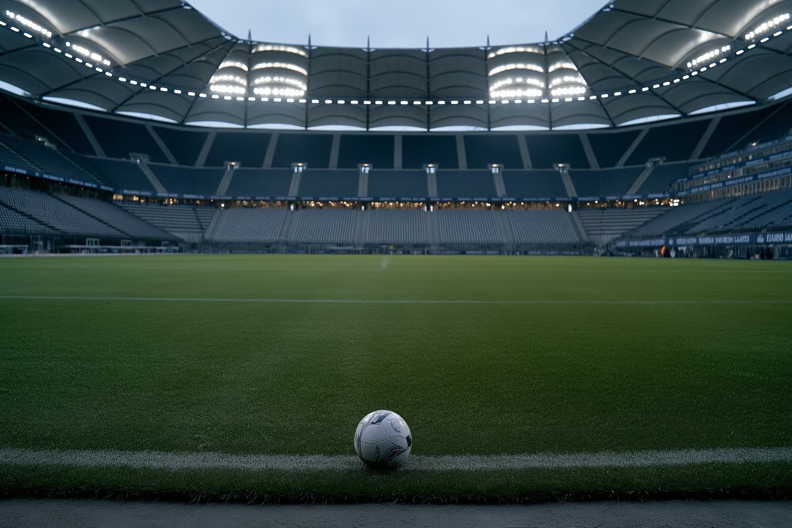 Tuščias Hamburgo futbolo stadionas sutemus su įjungtais prožektoriais ir vienu kamuoliu aikštės centre, Vuskovičiui palikus HSV.