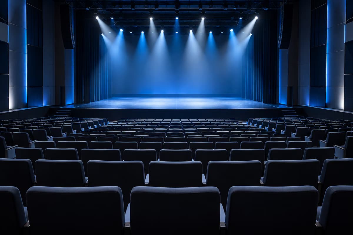 Tuščia auditorija su eilėmis minkštų kėdžių, atsuktų į tuščią sceną, apšviestą mėlynais ir baltais prožektoriais.
