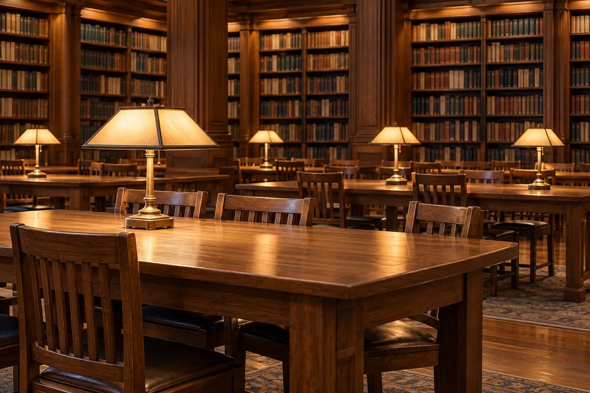 Tuščia bibliotekos skaitykla su mediniais stalais, kėdėmis ir žalvarinėmis skaitymo lempomis priešais aukštas, knygų pilnas lentynas.