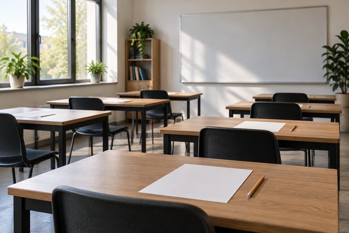 Tuščia moderni klasė su mediniais stalais, juodomis kėdėmis, tuščiais lapais ir pieštukais priešais tuščią baltą lentą.