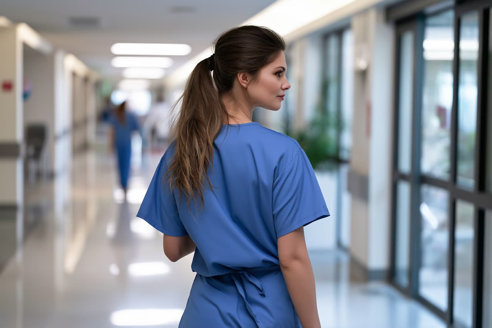 Paprastais medicininiais drabužiais vilkintis medicinos specialistas stovi šviesiame ligoninės koridoriuje.