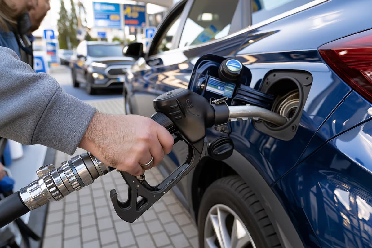 Vairuotojas, laikantis degalų antgalį, pilantis degalus į automobilį degalinėje.